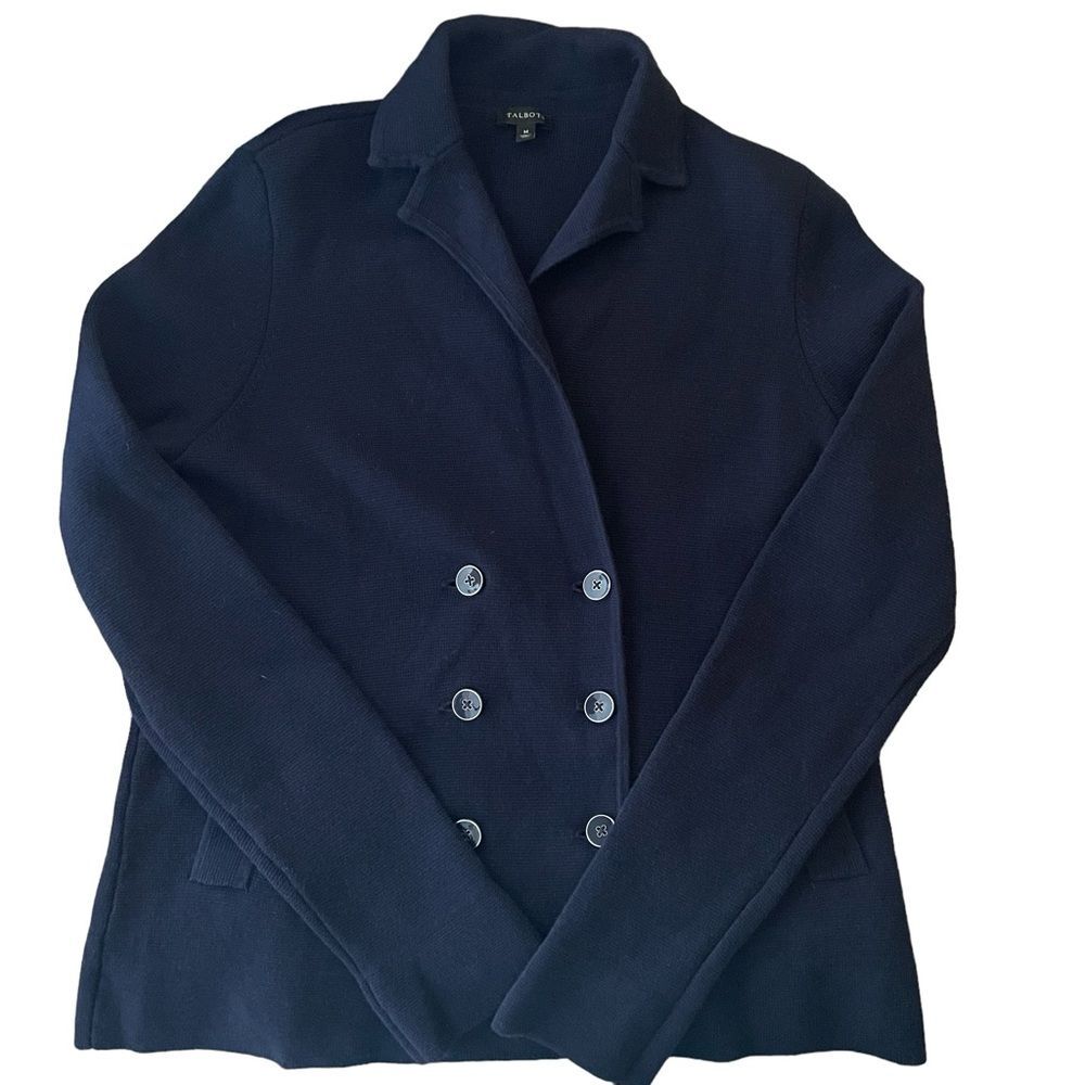 Talbots Nautical Navy Blue Double Breasted Textured Cardigan Sweater Women Sz M - Picture 4 of 10